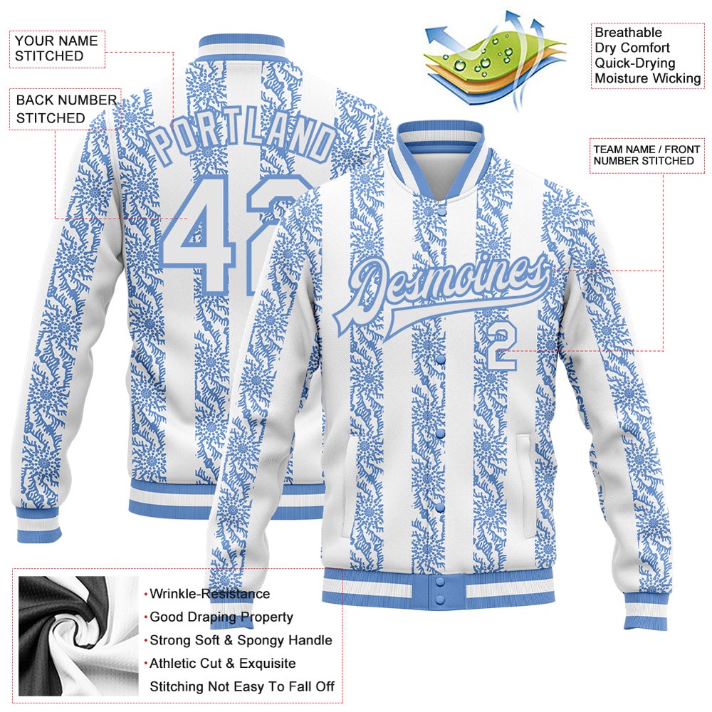 Custom Light Blue White 3D Pattern Design Bomber Full Snap Baseball Jacket, Custom Team Jacket