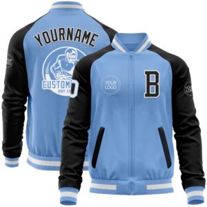 Custom Light Blue White Black Bomber Varsity…