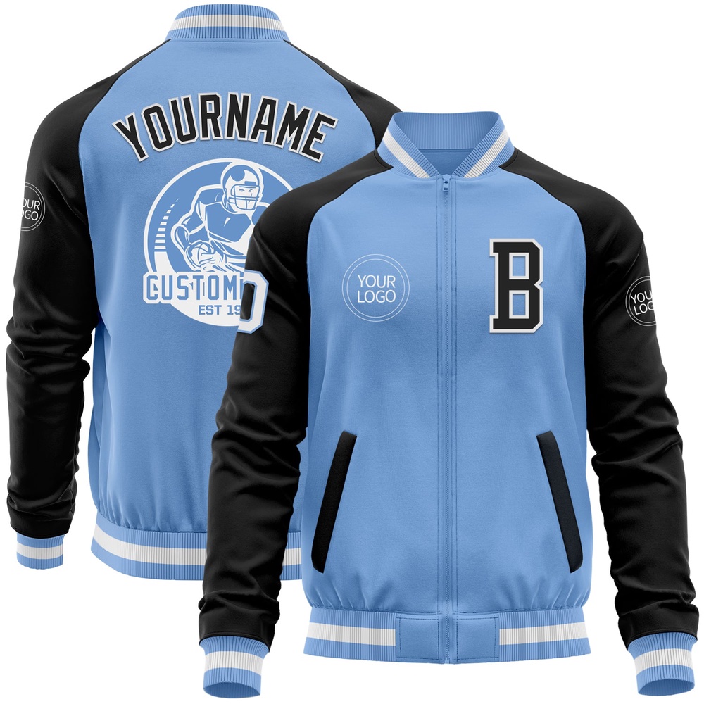 Custom Light Blue White Black Bomber Varsity Baseball Jacket, Custom Team Jacket