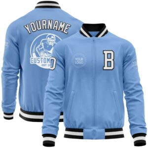 Custom Light Blue White Black Bomber Varsity…