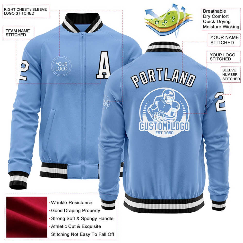 Custom Light Blue White Black Bomber Varsity Letterman Zipper Jacket, Custom Team Jacket