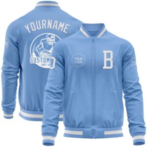 Custom Light Blue White Bomber Varsity Baseball…