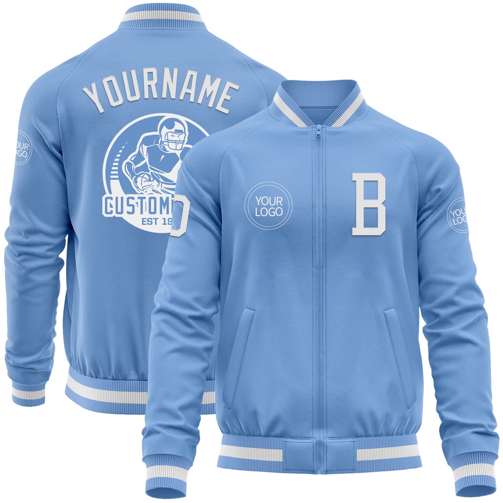 Custom Light Blue White Bomber Varsity Baseball Jacket, Custom Team Jacket
