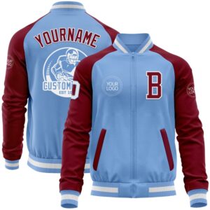 Custom Light Blue White Crimson Bomber Varsity…