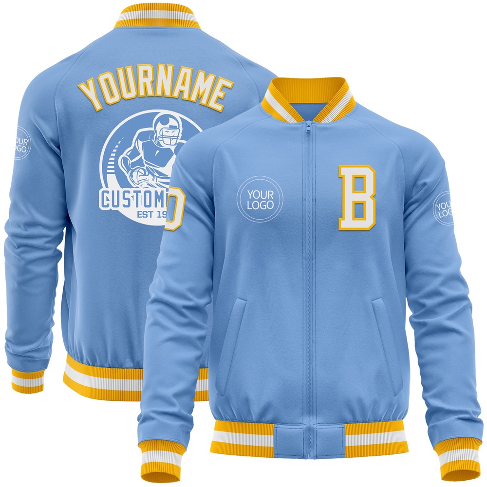 Custom Light Blue White Gold Bomber Varsity Baseball Jacket, Custom Team Jacket