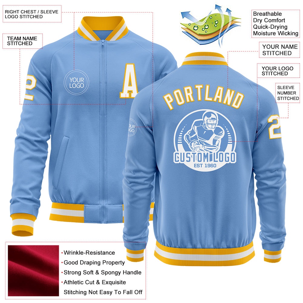 Custom Light Blue White Gold Bomber Varsity Baseball Jacket, Custom Team Jacket