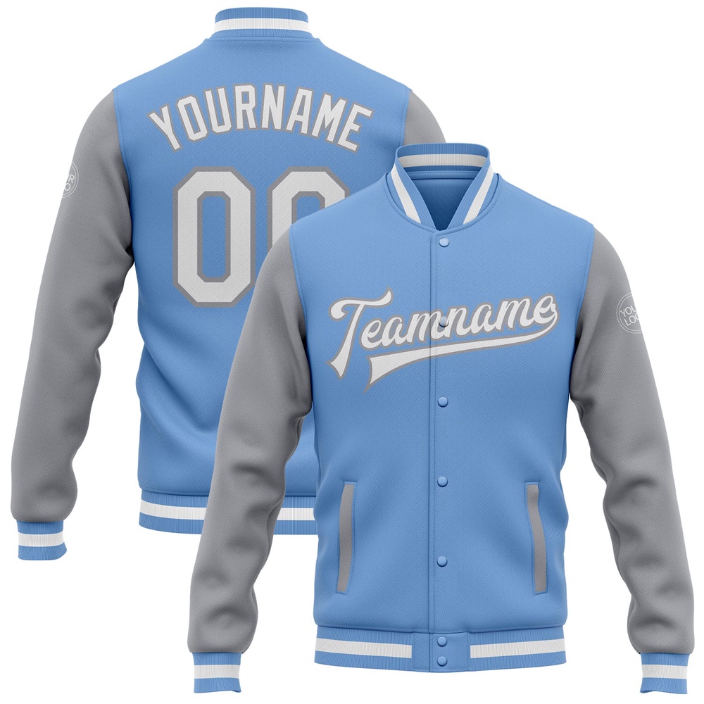 Custom Light Blue White Gray Bomber Full Snap Varsity Baseball Jacket, Custom Team Jacket