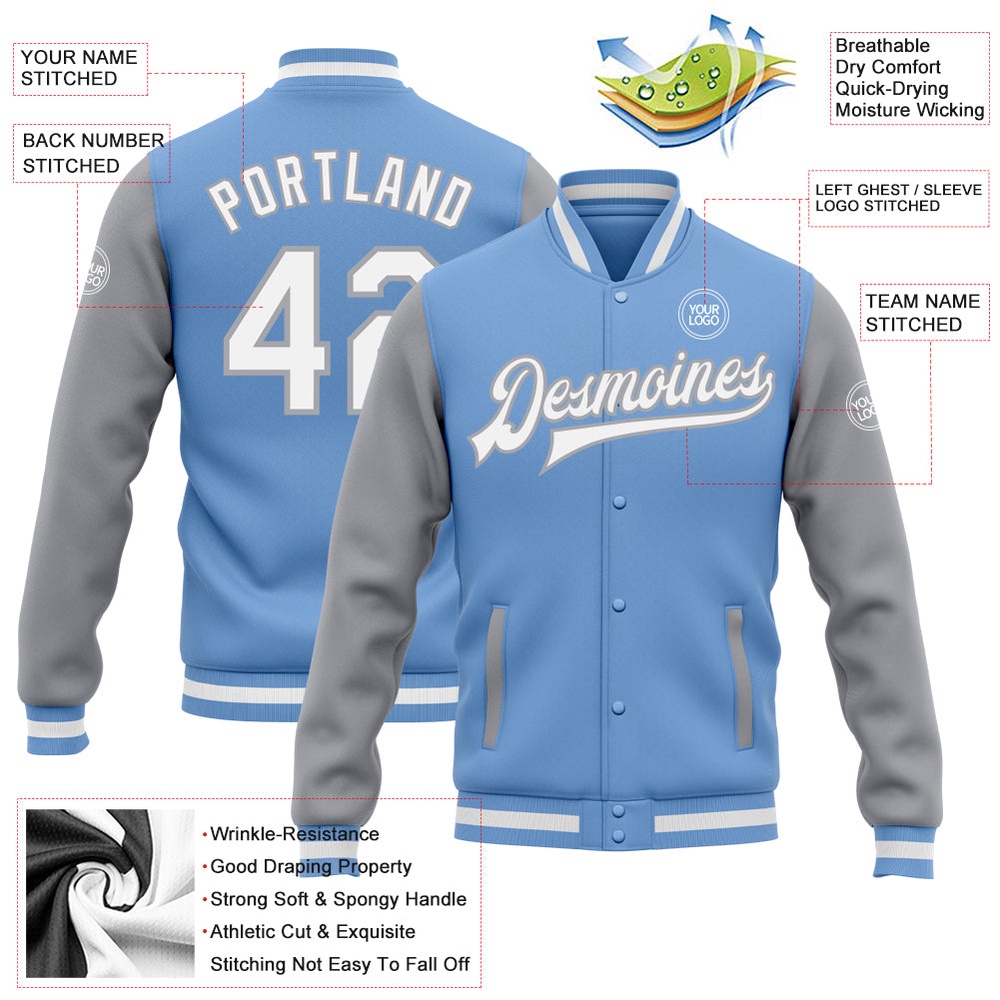 Custom Light Blue White Gray Bomber Full Snap Varsity Baseball Jacket, Custom Team Jacket
