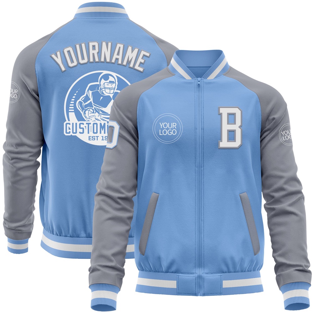 Custom Light Blue White Gray Bomber Varsity Baseball Jacket, Custom Team Jacket