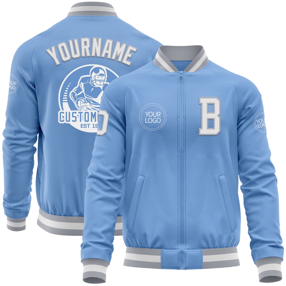 Custom Light Blue White Gray Bomber Varsity Letterman Zipper Jacket, Custom Team Jacket