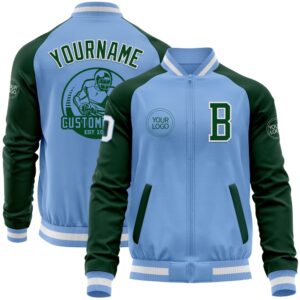 Custom Light Blue White Green Bomber Varsity…