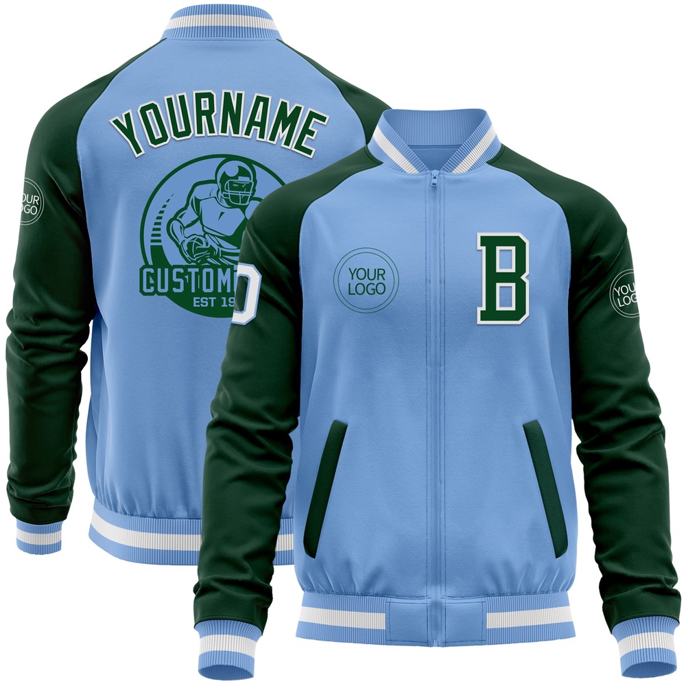 Custom Light Blue White Green Bomber Varsity Baseball Jacket, Custom Team Jacket
