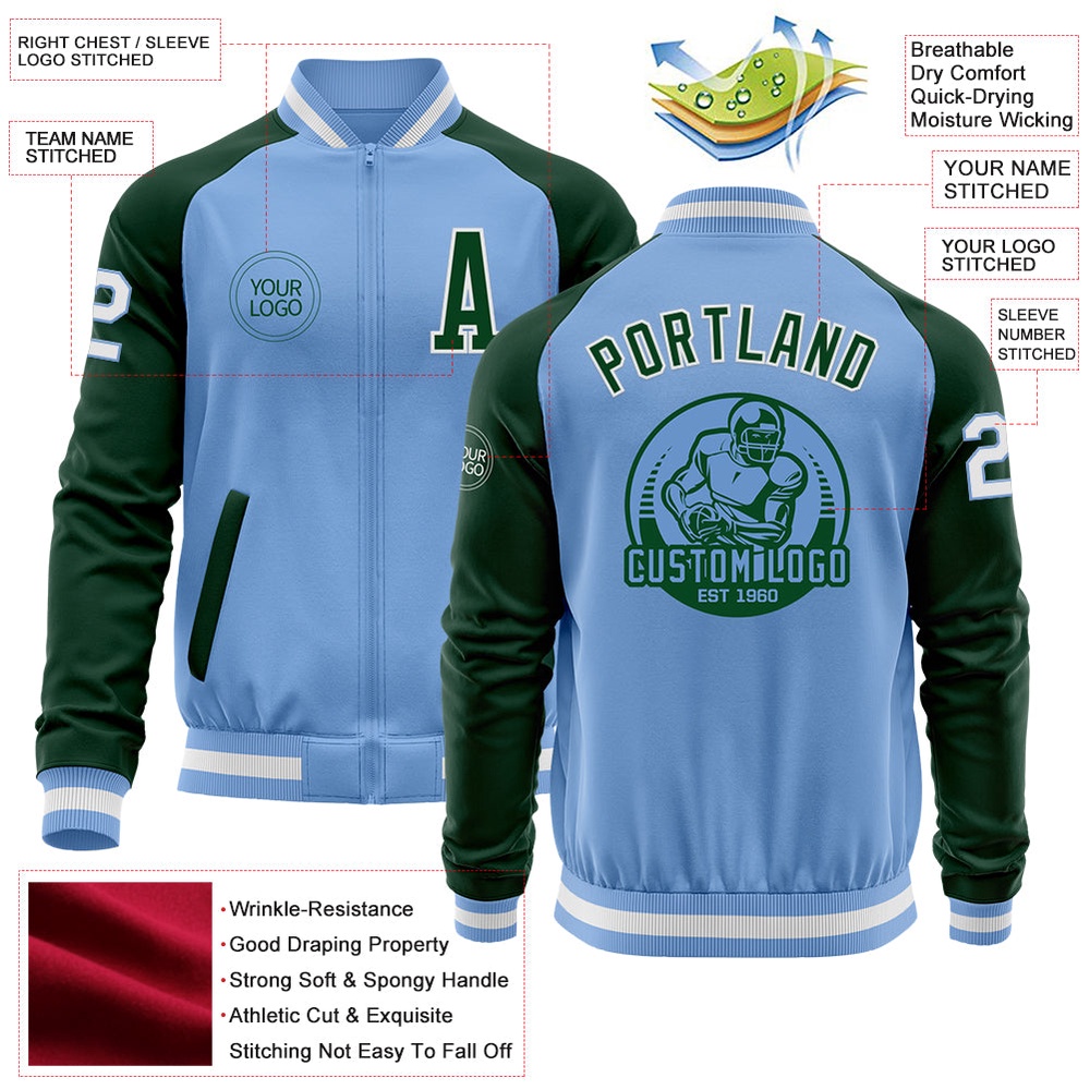 Custom Light Blue White Green Bomber Varsity Baseball Jacket, Custom Team Jacket