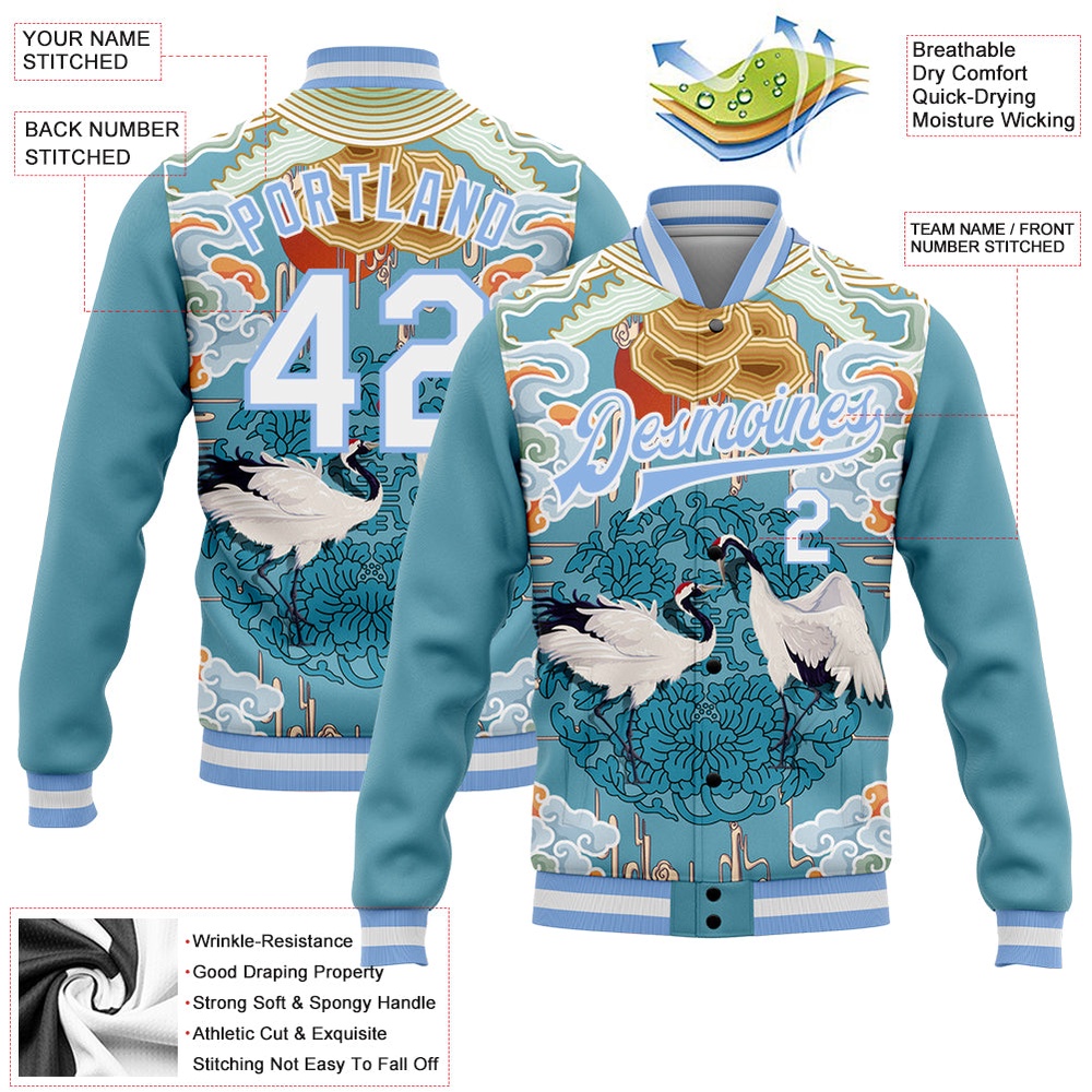 Custom Light Blue White Heron And Cloud 3D Pattern Design Bomber Full Snap Baseball Jacket, Custom Team Jacket