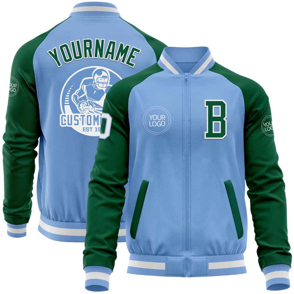 Custom Light Blue White Kelly Green Bomber Varsity Baseball Jacket, Custom Team Jacket