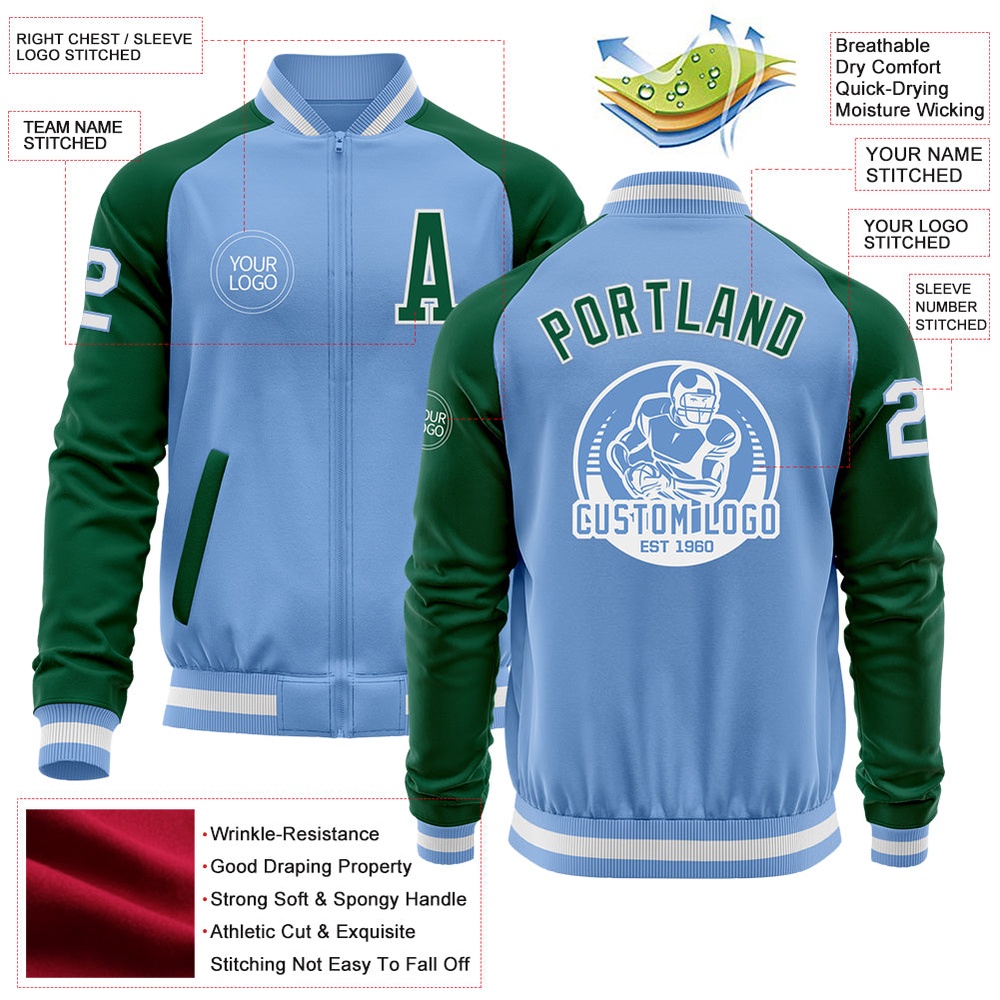 Custom Light Blue White Kelly Green Bomber Varsity Baseball Jacket, Custom Team Jacket