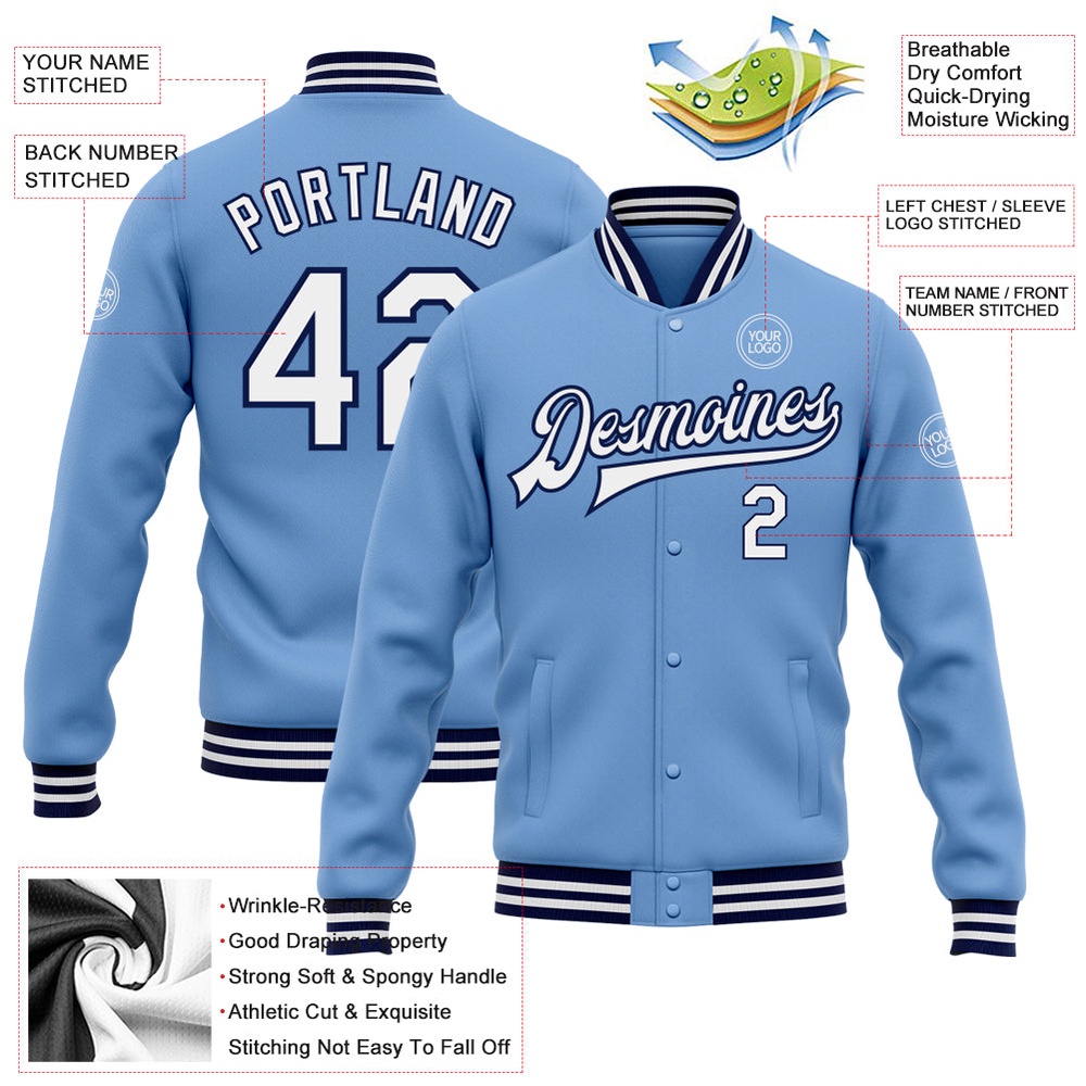 Custom Light Blue White Navy Bomber Full Snap Varsity Letterman Jacket, Custom Team Jacket