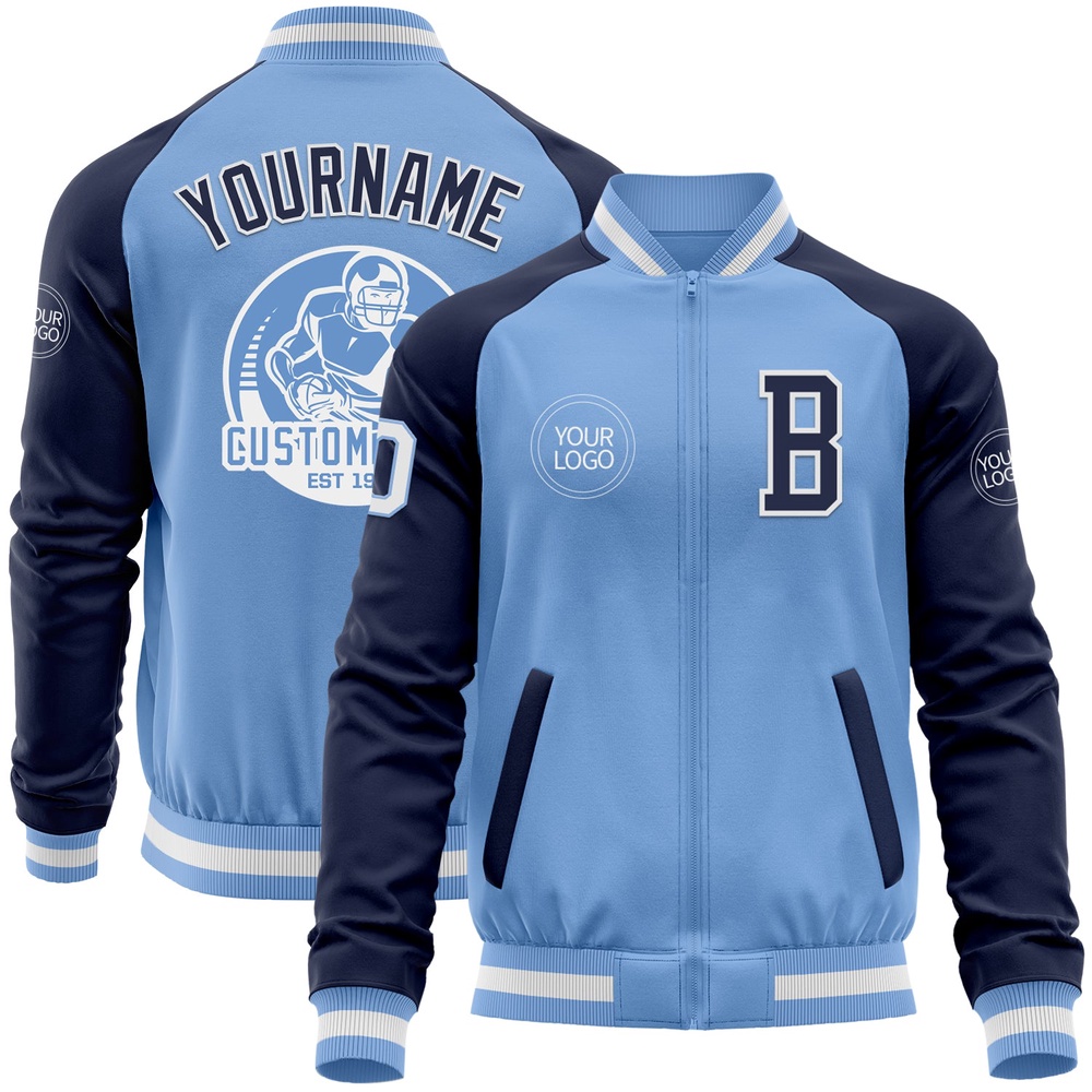 Custom Light Blue White Navy Bomber Varsity Baseball Jacket, Custom Team Jacket