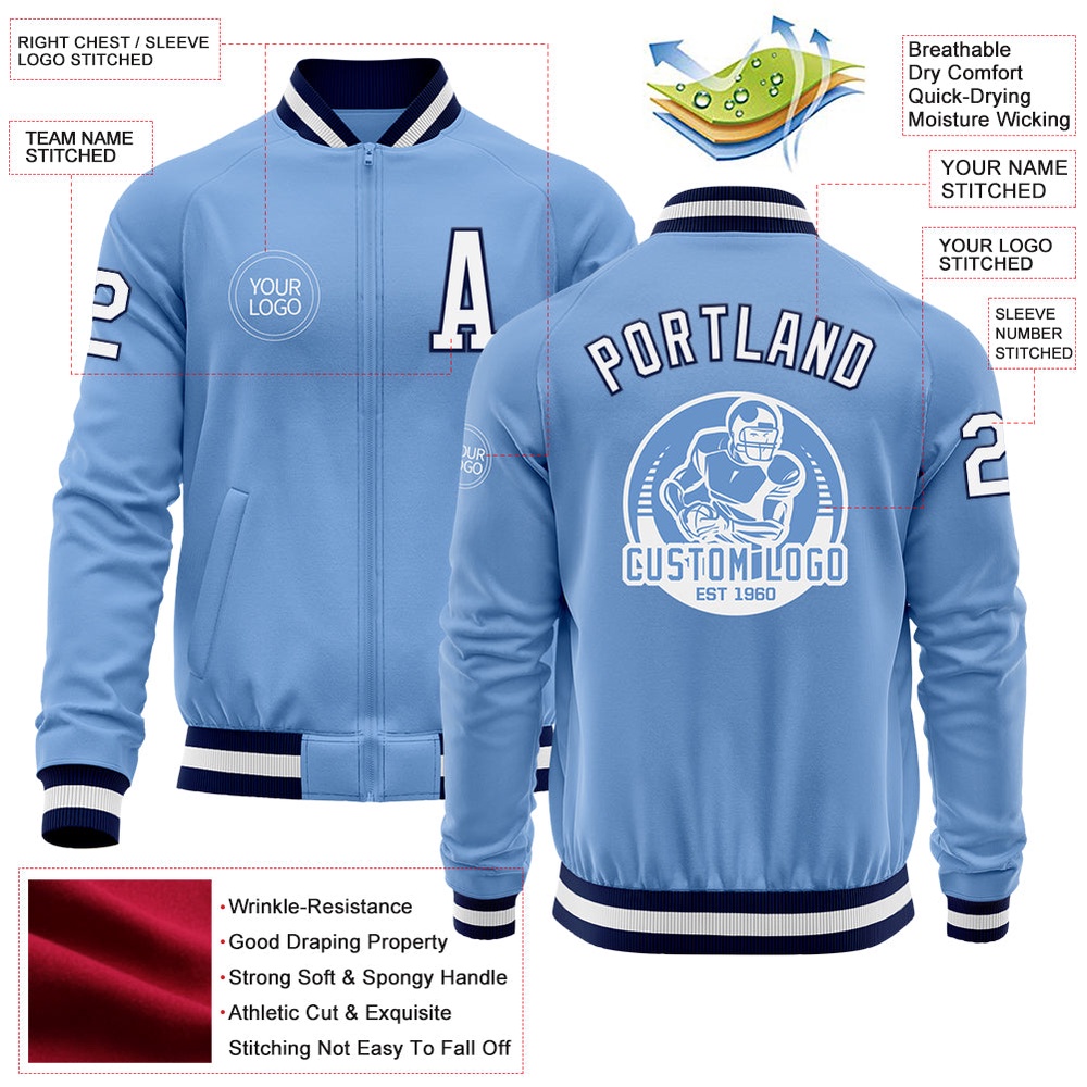 Custom Light Blue White Navy Bomber Varsity Letterman Zipper Jacket, Custom Team Jacket