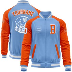 Custom Light Blue White Orange Bomber Varsity…