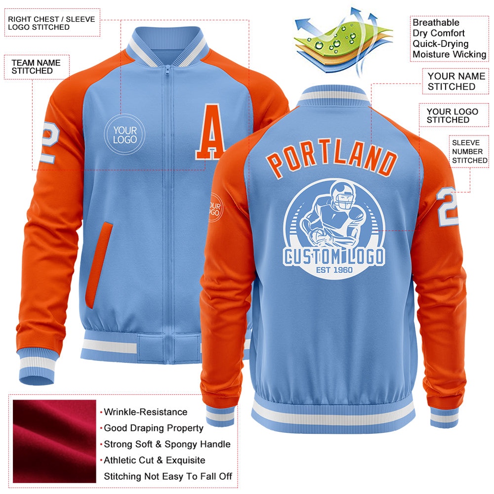 Custom Light Blue White Orange Bomber Varsity Baseball Jacket, Custom Team Jacket