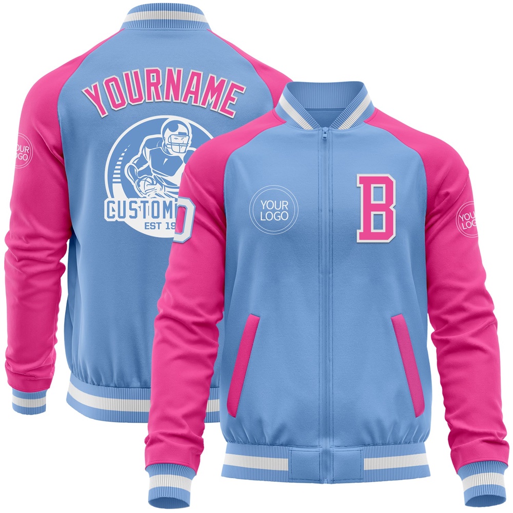 Custom Light Blue White Pink Bomber Varsity Baseball Jacket, Custom Team Jacket