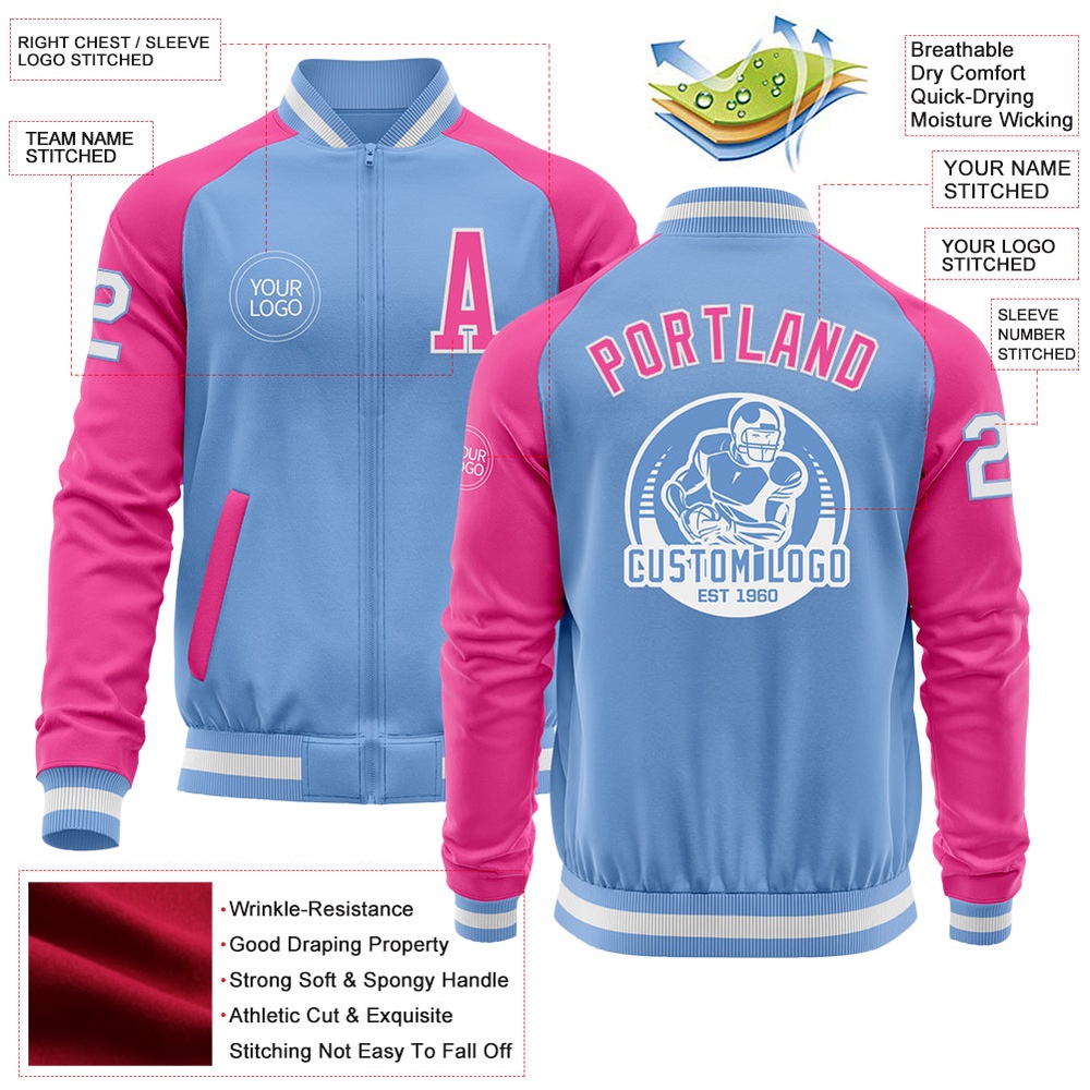 Custom Light Blue White Pink Bomber Varsity Baseball Jacket, Custom Team Jacket