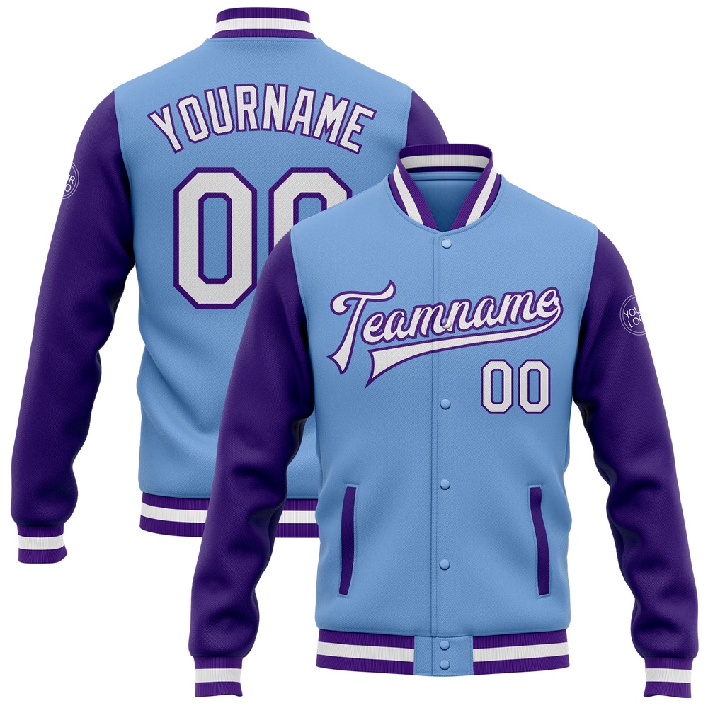 Custom Light Blue White Purple Bomber Full Snap Varsity Baseball Jacket, Custom Team Jacket