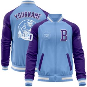 Custom Light Blue White Purple Bomber Varsity…