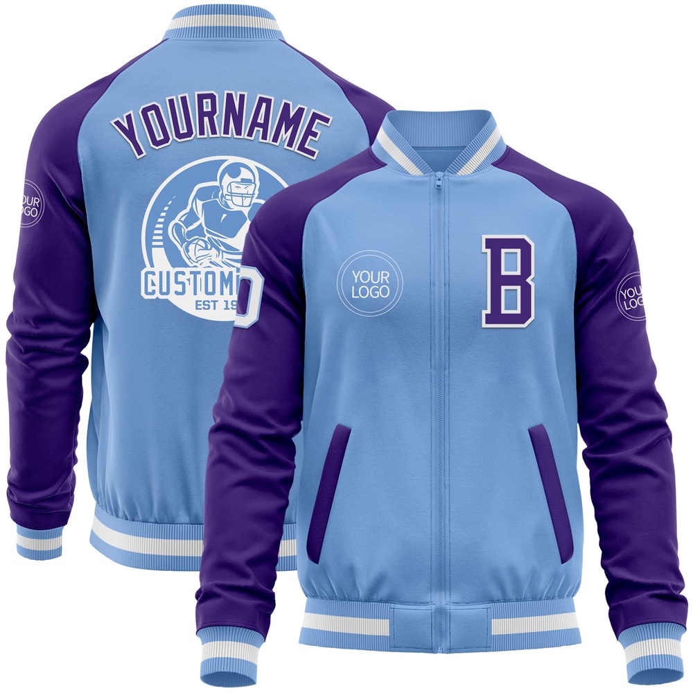 Custom Light Blue White Purple Bomber Varsity Baseball Jacket, Custom Team Jacket