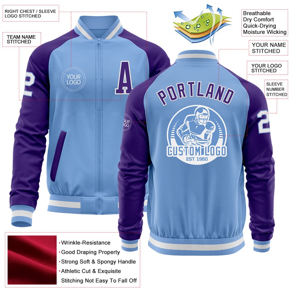 Custom Light Blue White Purple Bomber Varsity Baseball Jacket, Custom Team Jacket
