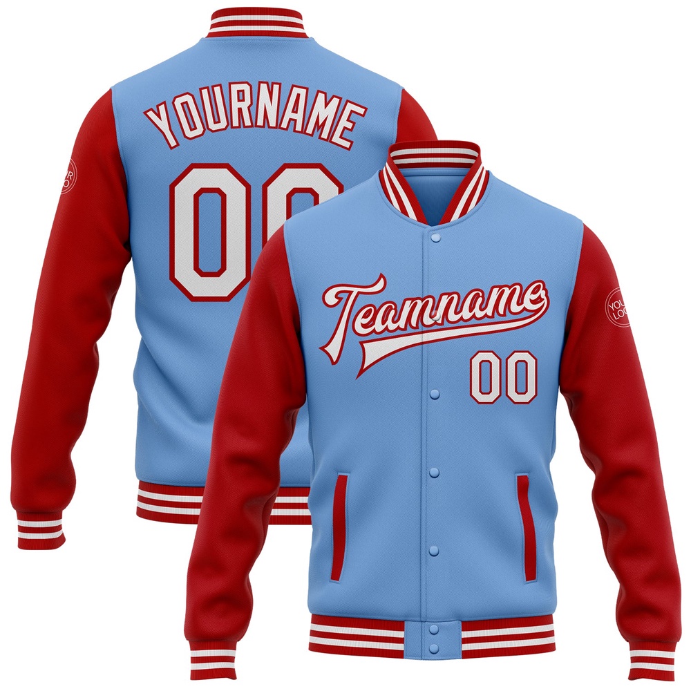 Custom Light Blue White Red Bomber Full Snap Varsity Baseball Jacket, Custom Team Jacket Custom Light Blue White Red Bomber Full Snap Varsity Baseball Jacket, Custom Team Jacket