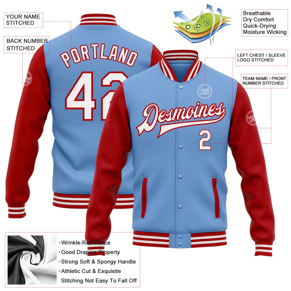Custom Light Blue White Red Bomber Full Snap Varsity Baseball Jacket, Custom Team Jacket Custom Light Blue White Red Bomber Full Snap Varsity Baseball Jacket, Custom Team Jacket