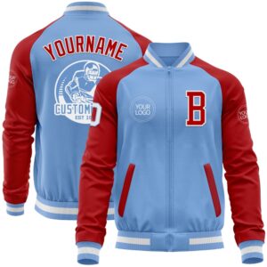 Custom Light Blue White Red Bomber Varsity…