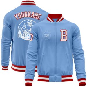 Custom Light Blue White Red Bomber Varsity…