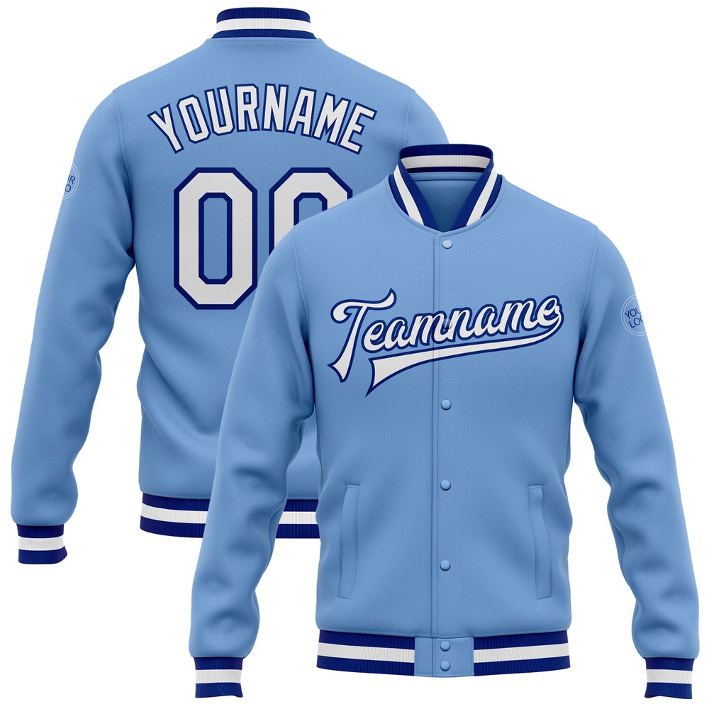 Custom Light Blue White Royal Bomber Full Snap Baseball Jacket, Custom Team Jacket