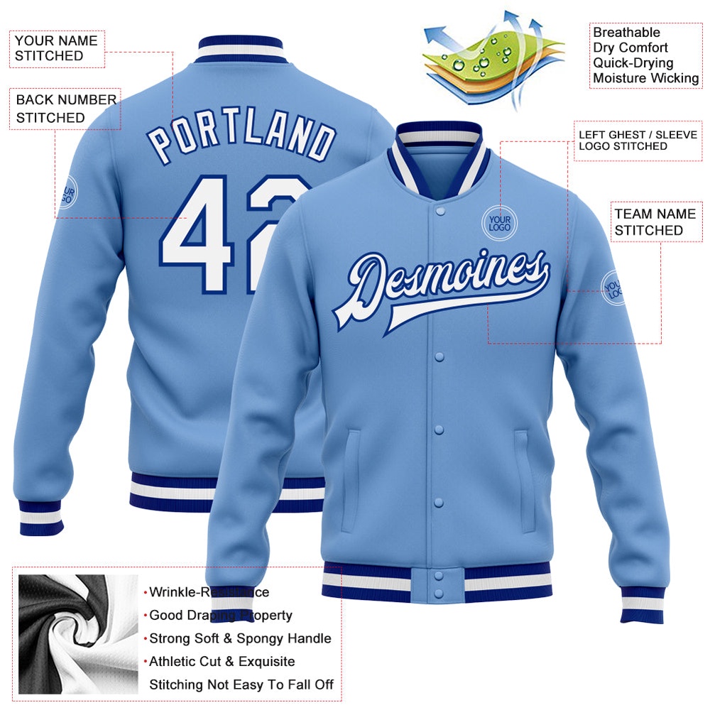 Custom Light Blue White Royal Bomber Full Snap Baseball Jacket, Custom Team Jacket