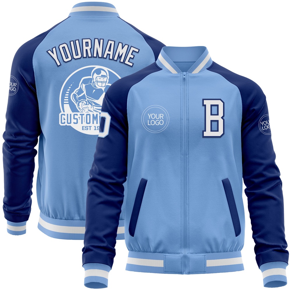 Custom Light Blue White Royal Bomber Varsity Baseball Jacket, Custom Team Jacket