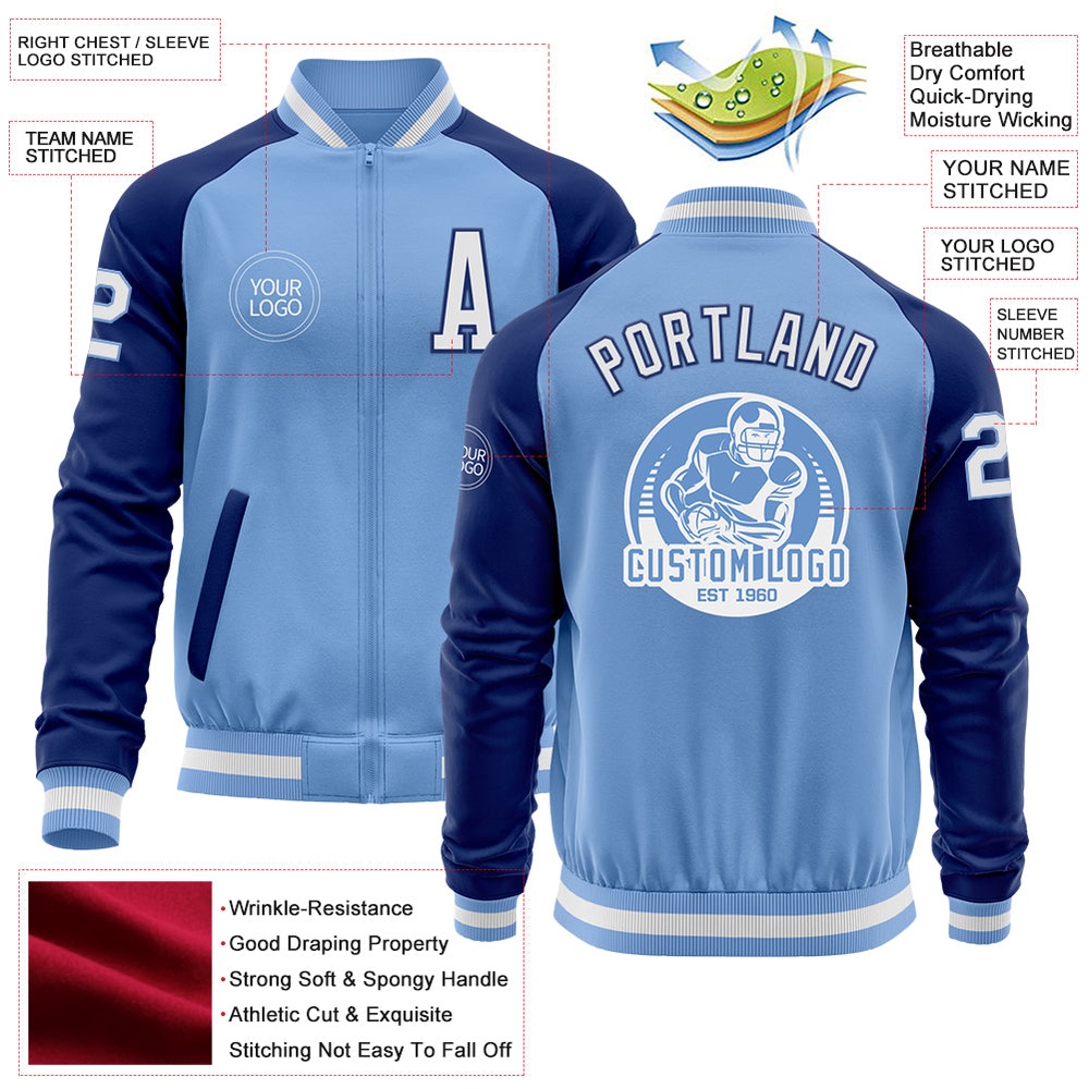 Custom Light Blue White Royal Bomber Varsity Baseball Jacket, Custom Team Jacket