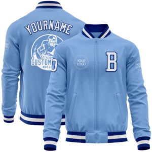 Custom Light Blue White Royal Bomber Varsity…