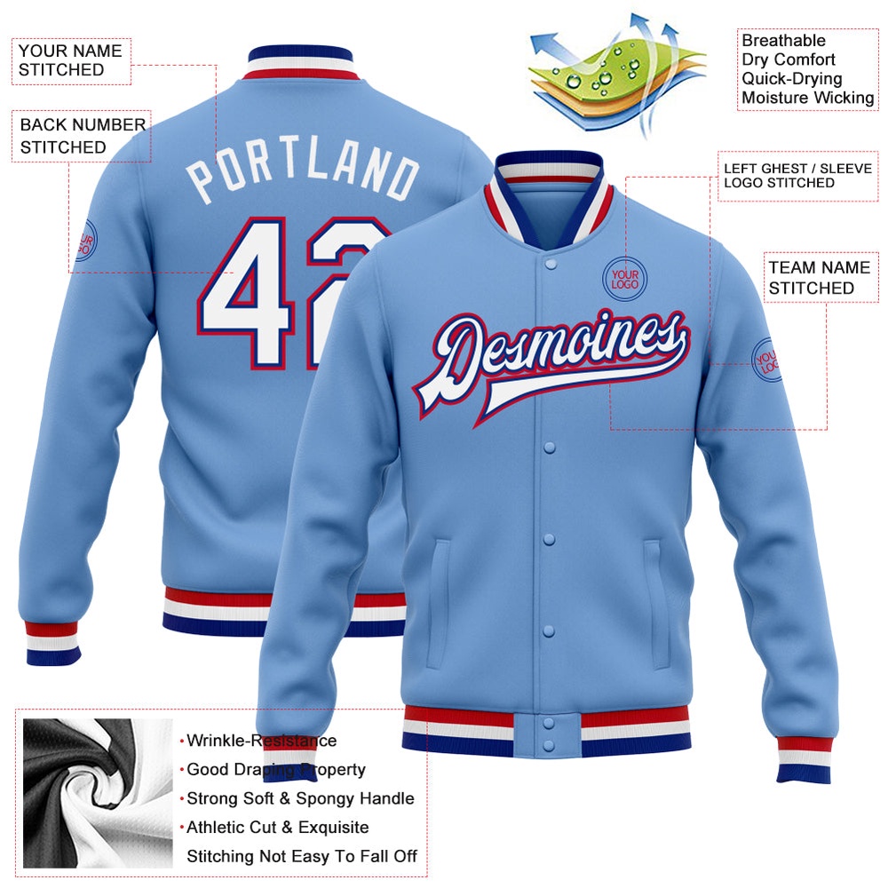 Custom Light Blue White Royal Red Bomber Full Snap Baseball Jacket, Custom Team Jacket Custom Light Blue White Royal Red Bomber Full Snap Baseball Jacket, Custom Team Jacket