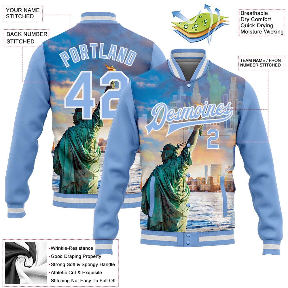 Custom Light Blue White Statue Of Liberty New York City Edition 3D Bomber Full Snap Baseball Jacket, Custom Team Jacket