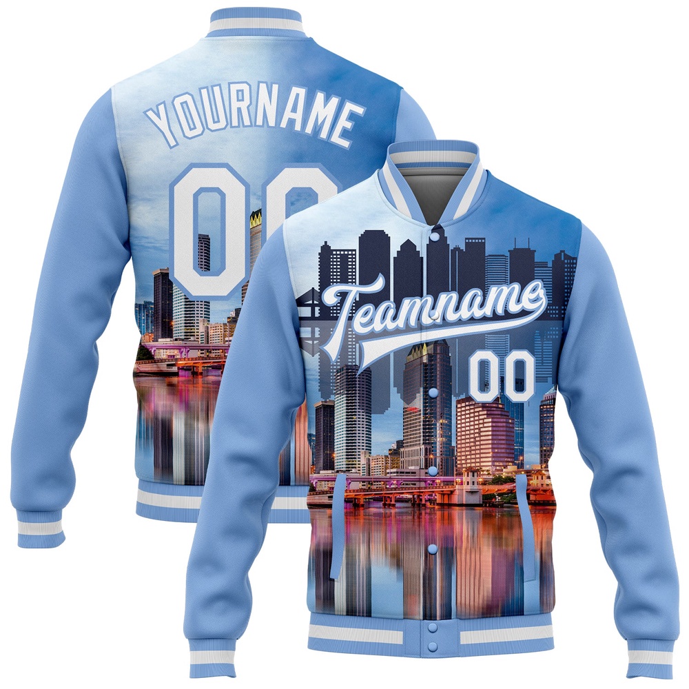 Custom Light Blue White Tampa Florida City Edition 3D Bomber Full Snap Baseball Jacket, Custom Team Jacket