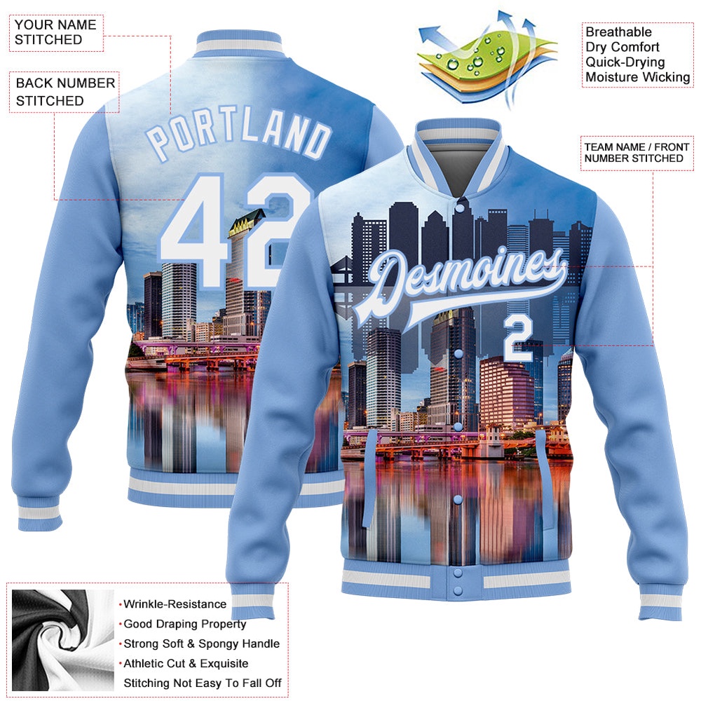 Custom Light Blue White Tampa Florida City Edition 3D Bomber Full Snap Baseball Jacket, Custom Team Jacket