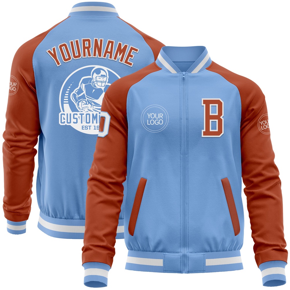 Custom Light Blue White Texas Orange Bomber Varsity Baseball Jacket, Custom Team Jacket