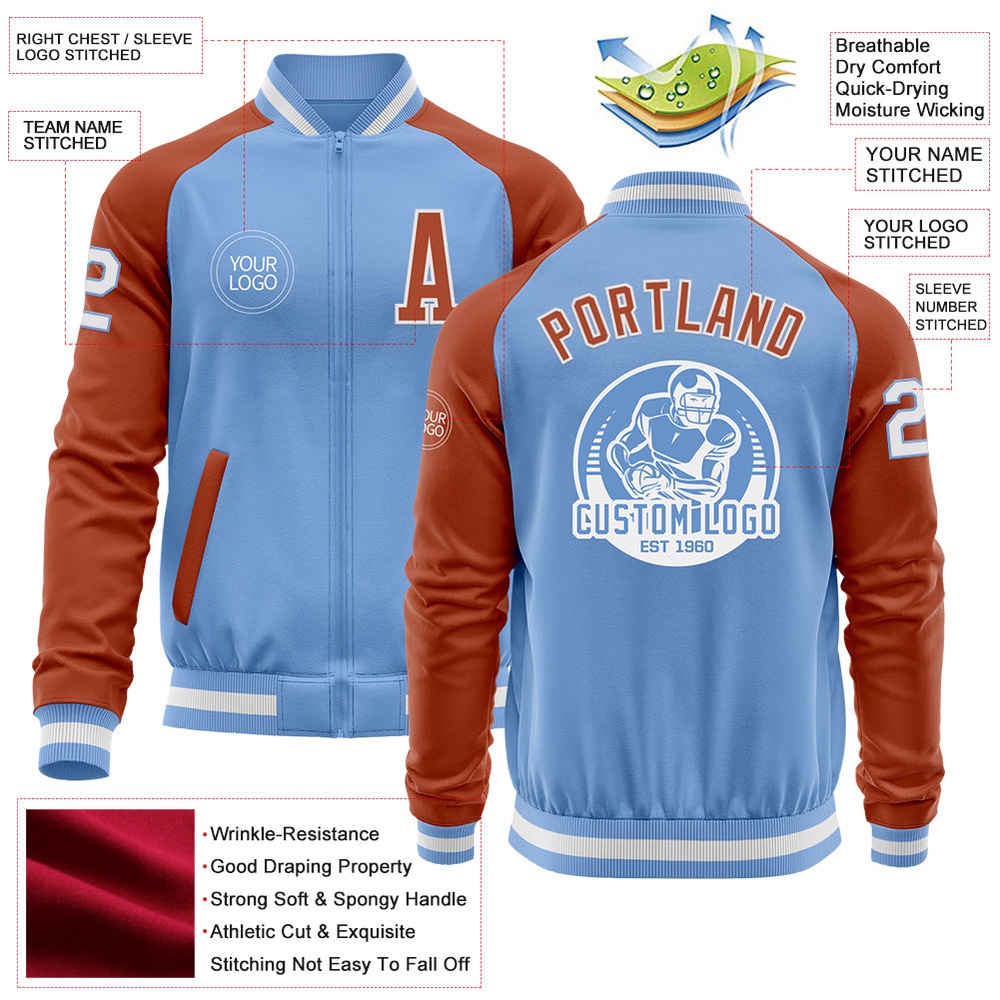 Custom Light Blue White Texas Orange Bomber Varsity Baseball Jacket, Custom Team Jacket