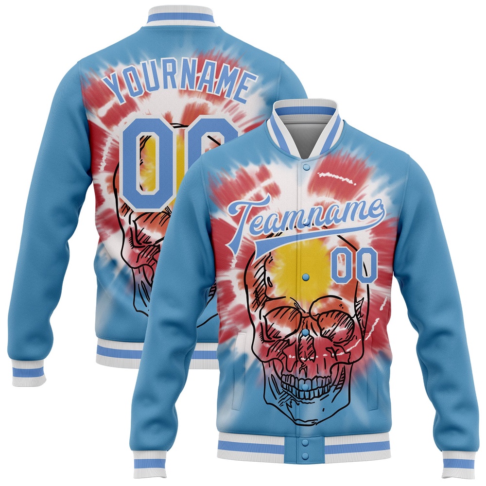 Custom Light Blue White Tie Dye Skull Fashion 3D Bomber Full Snap Baseball Jacket, Custom Team Jacket