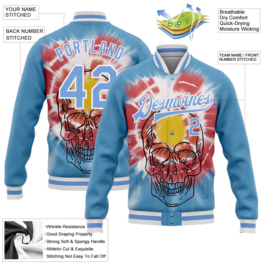 Custom Light Blue White Tie Dye Skull Fashion 3D Bomber Full Snap Baseball Jacket, Custom Team Jacket