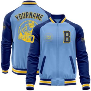 Custom Light Blue Yellow Royal Bomber Varsity…