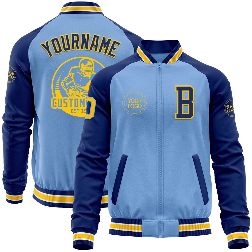Custom Light Blue Yellow Royal Bomber Varsity Baseball Jacket, Custom Team Jacket
